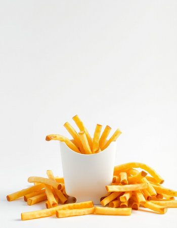 French fries in a white cup on a white background. Selective focus.の写真素材