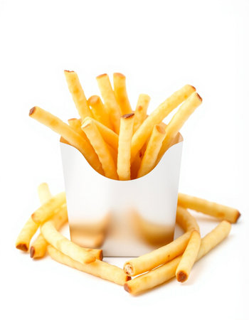 French fries in a paper box isolated on white background. Selective focus.