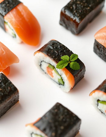sushi on a white background, close-up, top viewの写真素材