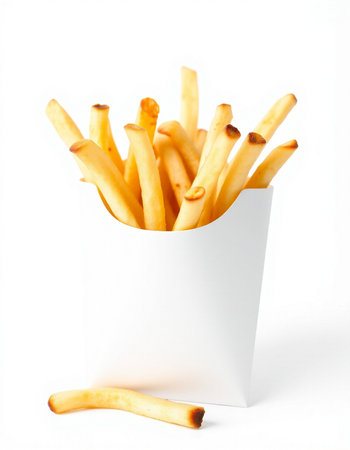French fries in paper box isolated on white background. Close up.