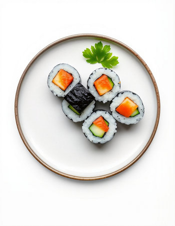 Sushi rolls on a plate isolated on white background, top viewの写真素材
