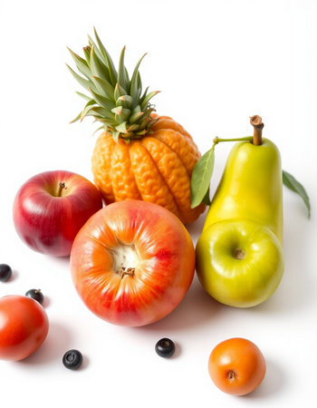 Fresh fruits and vegetables isolated on white background. Healthy food concept.