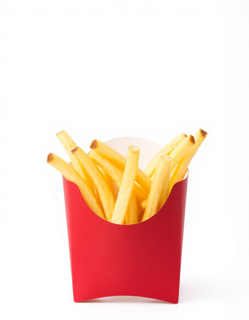 French fries in red box isolated on white background. Fast food.の写真素材
