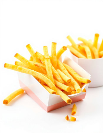 French fries in a box on a white background. Shallow dof.