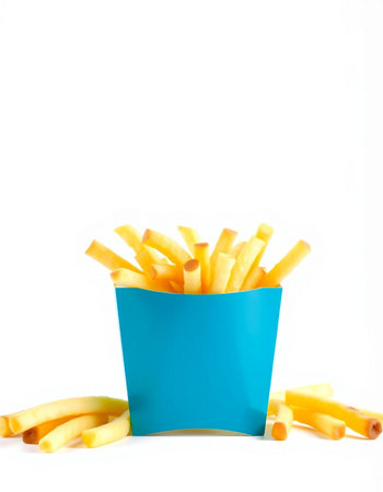 French fries in a blue paper cup on a white background, isolatedの写真素材