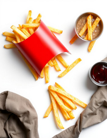 French fries with ketchup and mustard on white background, top view