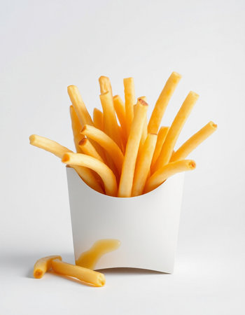 French fries in paper box on white background. Selective focus.
