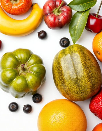 Fresh fruits and vegetables isolated on a white background. Top view.