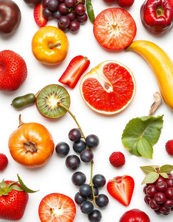 Fruits and vegetables isolated on white background. Top view. Flat lay patternの写真素材