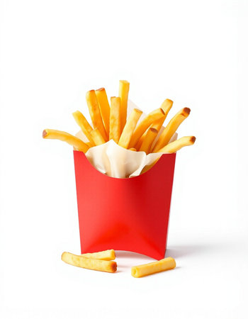 French fries in a red box on a white background. Fast food.