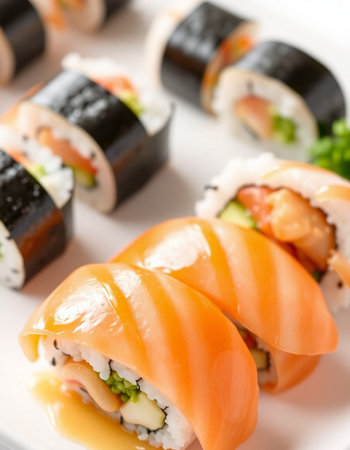 Sushi rolls with salmon, caviar and cream cheese on a white plateの写真素材