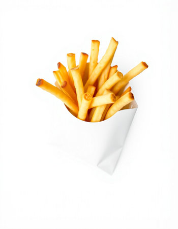 French fries in white paper isolated on white background. Top view.