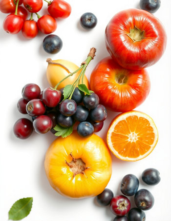 Fruits and vegetables on white background, top view. Healthy foodの写真素材
