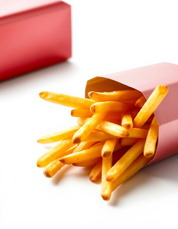 French fries in a red paper box isolated on a white background.