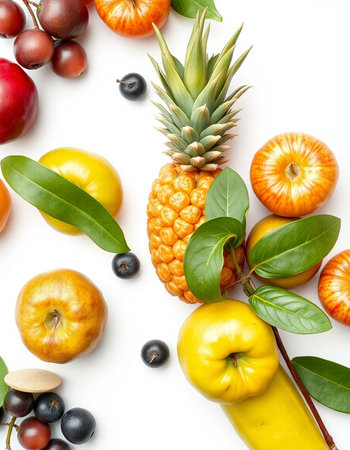 Fruits and vegetables isolated on a white background. Top view.