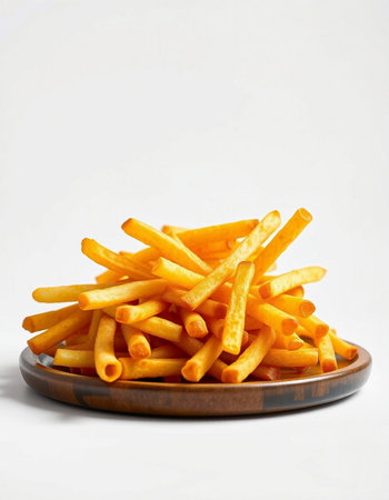 French fries in a wooden plate on a white background. Fast food.