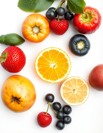Fresh fruits isolated on white background. Healthy food concept. Top view.の写真素材