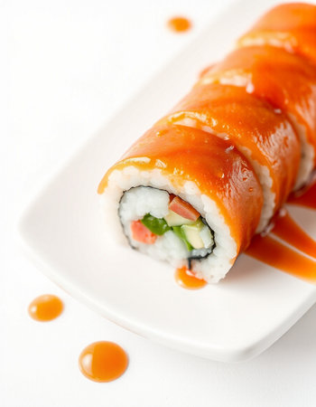 Sushi roll with salmon, avocado and cucumber on white backgroundの写真素材
