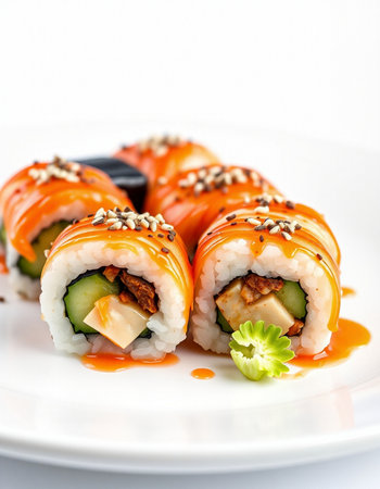 Sushi roll with tuna, cucumber and sesame on white backgroundの写真素材
