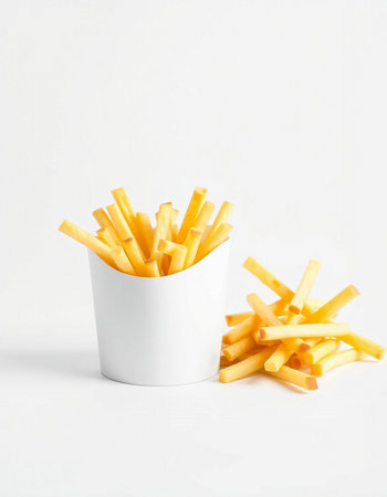 French fries in a paper cup on a white background. Fast food.の写真素材