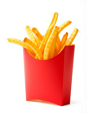 French fries in a red box isolated on white background. Fast food.