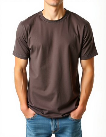 Men's t-shirt on a man isolated on a white backgroundの写真素材