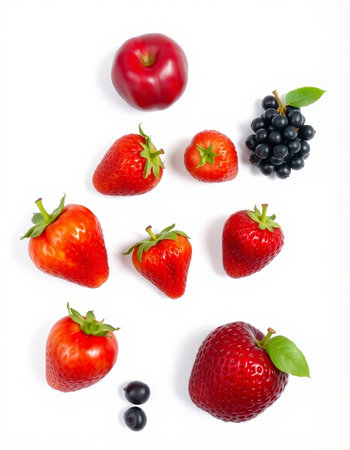 strawberry, blackberry, blueberry, apple on white backgroundの写真素材
