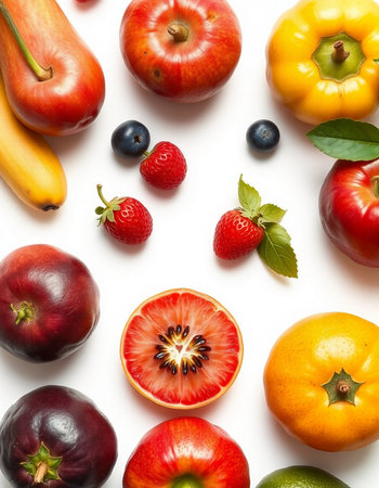 Fruits and vegetables on white background. Flat lay, top viewの写真素材