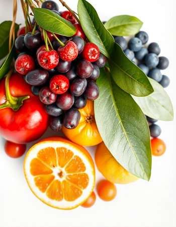 Fresh fruits and vegetables isolated on white background. Healthy food concept.の写真素材