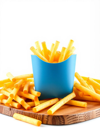 French fries in a blue box on a wooden board isolated on white background