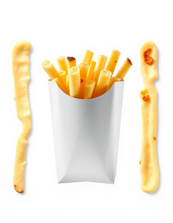 French fries in paper box with sauce on white background, top view