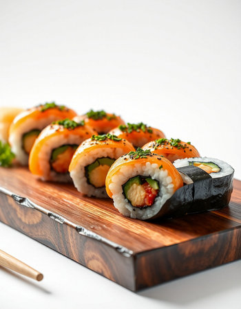 Sushi rolls on a wooden plate with chopsticks on a white backgroundの写真素材