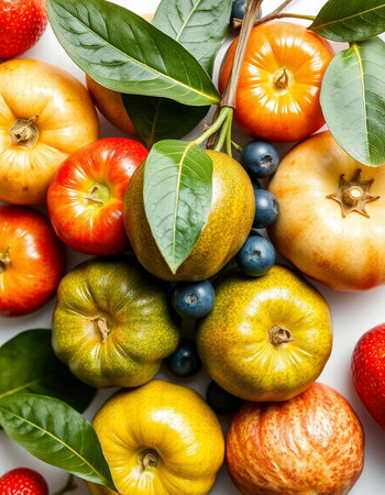 Fruits and vegetables on a white background. View from above.の写真素材