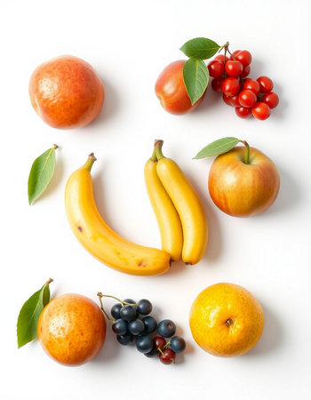 Fruits on a white background, top view. Flat lay.の写真素材