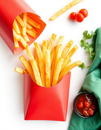 French fries in paper box with ketchup and parsley on white background