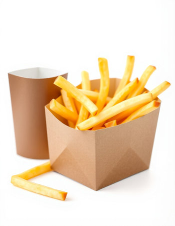 French fries in paper box isolated on white background. Selective focus.