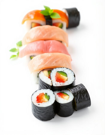 Sushi rolls isolated on white background. Japanese food restaurant menu.の写真素材