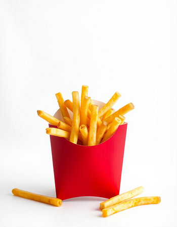 French fries in a red box on a white background, fast foodの写真素材
