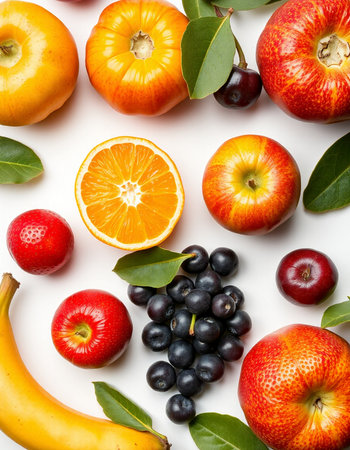 Fruits and berries on white background. Flat lay, top view