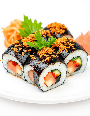 Sushi roll with salmon, avocado and cream cheese on white backgroundの写真素材