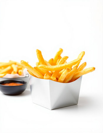 French fries with ketchup on white background. Selective focus.