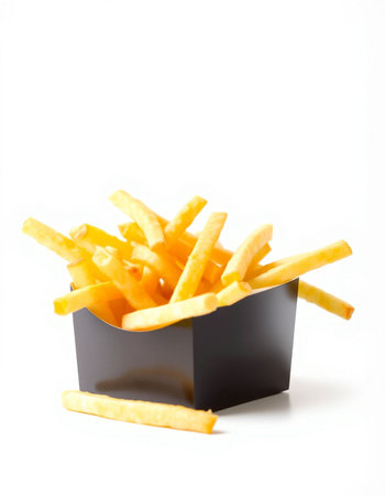 French fries in black box isolated on white background. Fast food.