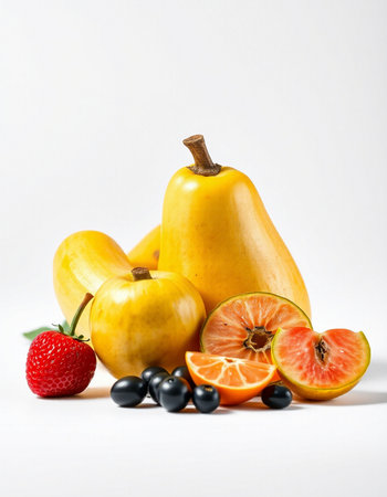 Fruits and vegetables on a white background. Healthy food concept.