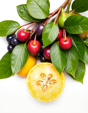 Fresh fruits and leaves isolated on a white background. Collage.の写真素材