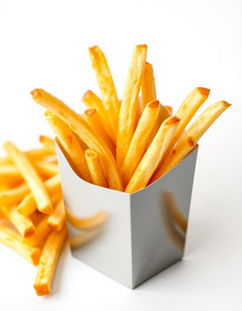 French fries in paper box on white background. Selective focus.