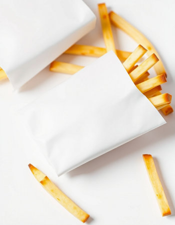French fries in a white paper bag on a white background, top viewの写真素材