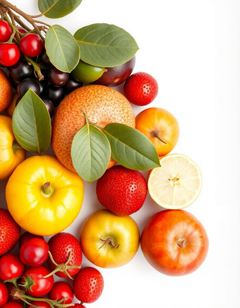 Fruits and vegetables isolated on a white background. Top view.の写真素材