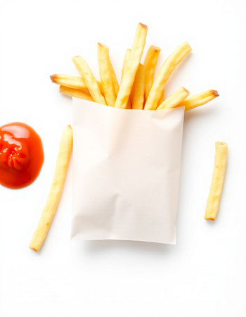 French fries in paper bag with ketchup on white background