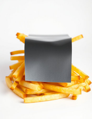 French fries with black paper label on white background. Selective focus.の写真素材