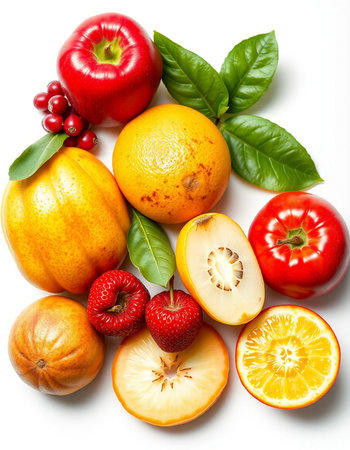 Fruits and vegetables isolated on white background. Healthy food concept.の写真素材